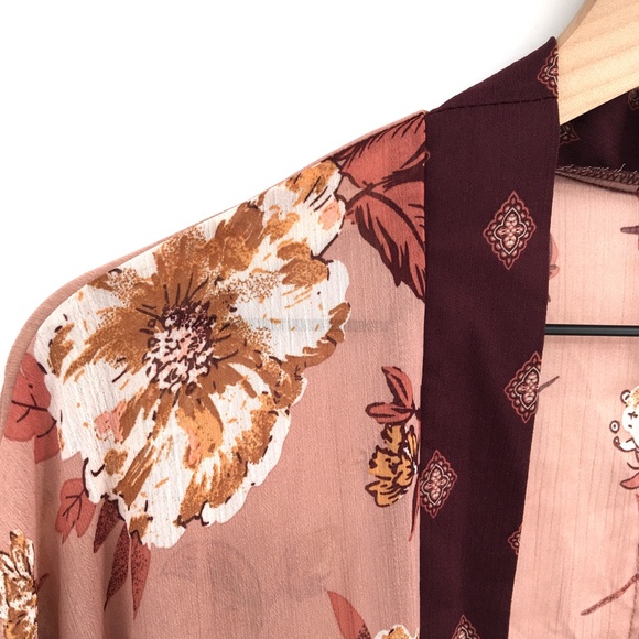 Xhilaration kimono floral dusty rose fall autumn sheer top boho robe M L women's - Picture 3 of 12